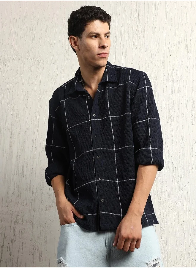 Hubberholme Men's Navy Cotton Blend Checkered Button Down Oversized Shirt