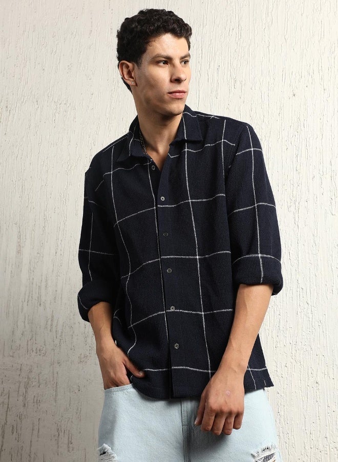 Hubberholme Men's Navy Cotton Blend Checkered Button Down Oversized Shirt - Image 2