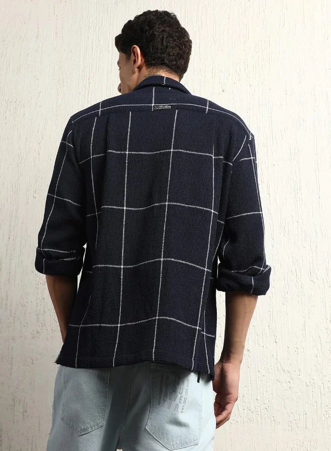 Hubberholme Men's Navy Cotton Blend Checkered Button Down Oversized Shirt