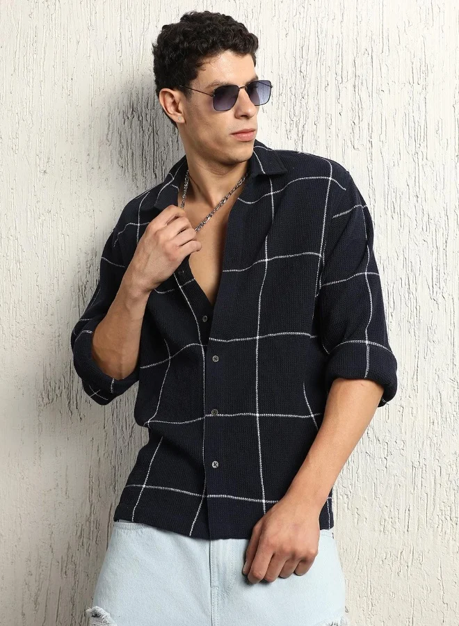 Hubberholme Men's Navy Cotton Blend Checkered Button Down Oversized Shirt