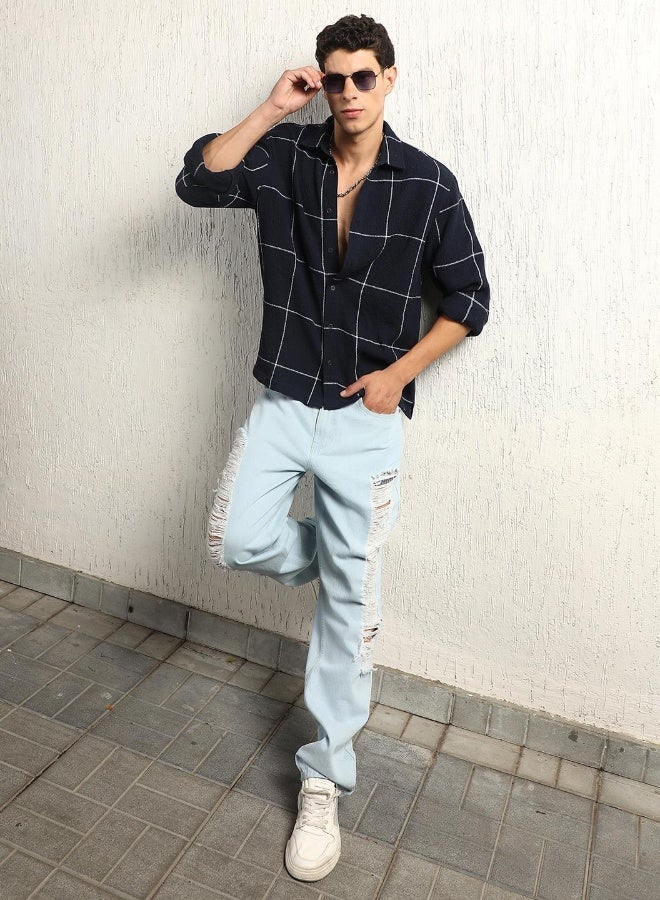 Hubberholme Men's Navy Cotton Blend Checkered Button Down Oversized Shirt - Image 5