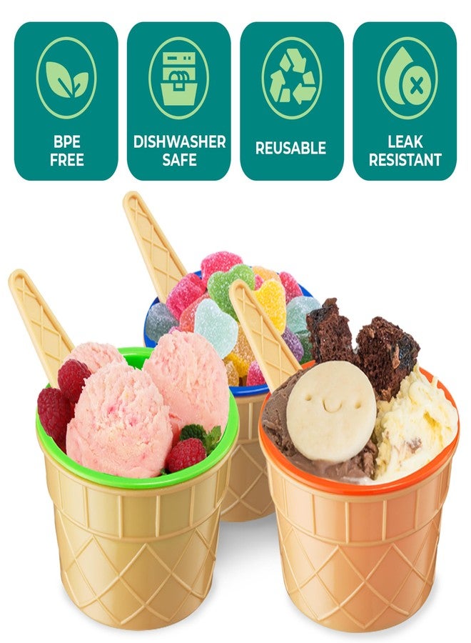 JoyServe Ice Cream Bowls and Spoons Set - (Pack of 12) Reusable Plastic Ice Cream Cups and Waffle Cone Shaped Spoons for Dessert, Frozen Yogurt, Gelato, Birthday Party Decorations - Image 4
