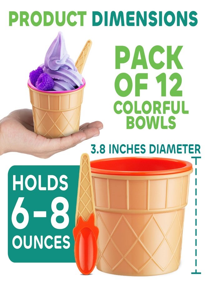 JoyServe Ice Cream Bowls and Spoons Set - (Pack of 12) Reusable Plastic Ice Cream Cups and Waffle Cone Shaped Spoons for Dessert, Frozen Yogurt, Gelato, Birthday Party Decorations - Image 3