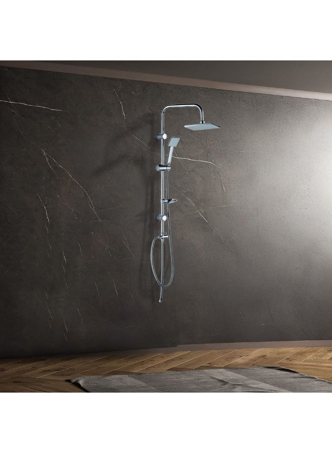 Milano Plus Fire Square Shower Column Set - Chrome| 2 In 1 Multi Functional Rain Shower System| Stainless Steel Complete Shower Set For Bathroom - Head+Hand Shower, Soap Tray & Diverter|(46X20X95Cm)
