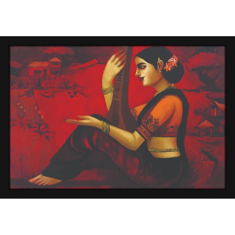 Mad Masters Veena Playing Lady Woman Painting Hanging Photo Frame Decorative Item for Living Room Bedroom Home Decor and Wall Decoration MM 2214 8x12 Inch Paper Without Plexi Glass