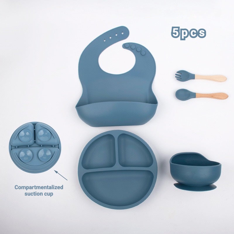 5-Pieces Silicone Baby Feeding Set, Baby Led Weaning Supplies with Suction Bowl and Divided Plate, Wooden Spoon and Fork, Toddler Tableware Set with Adjustable Soft Silicone Bib - Image 1