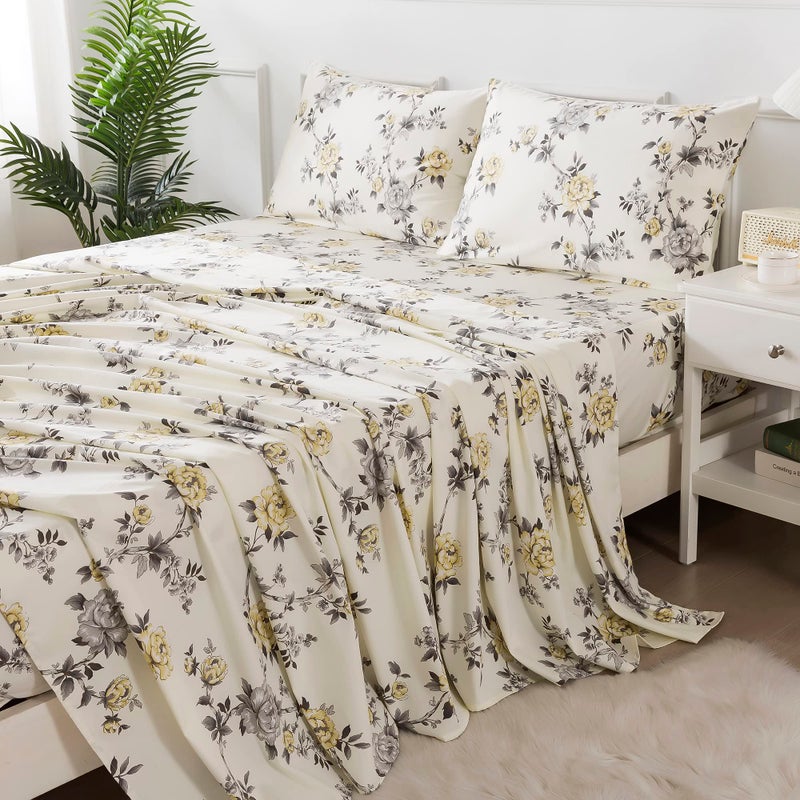 FADFAY Floral Sheets Set Cal King Vintage Rose Floral Bedding Shabby Grey and Yellow Peony Sheets 800 Thread Count 100 Egyptian Cotton Super Soft Deep Pocket Fitted Sheet 4Pcs California King Size