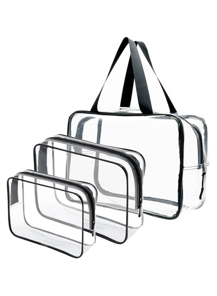 3PCS Clear Makeup Bags for Travel Waterproof Transparent PVC Tote Cosmetic Bag with Zipper Closure & Handle Toiletry Bag for Women Men, Black 