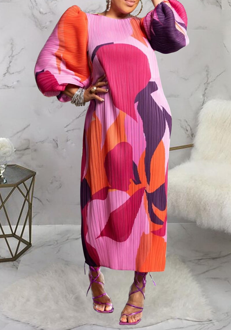 Yootiko Women Colorful African Dress Floral Puff Long Sleeve Wedding Guest Party Pleated Maxi Dress - Image 2