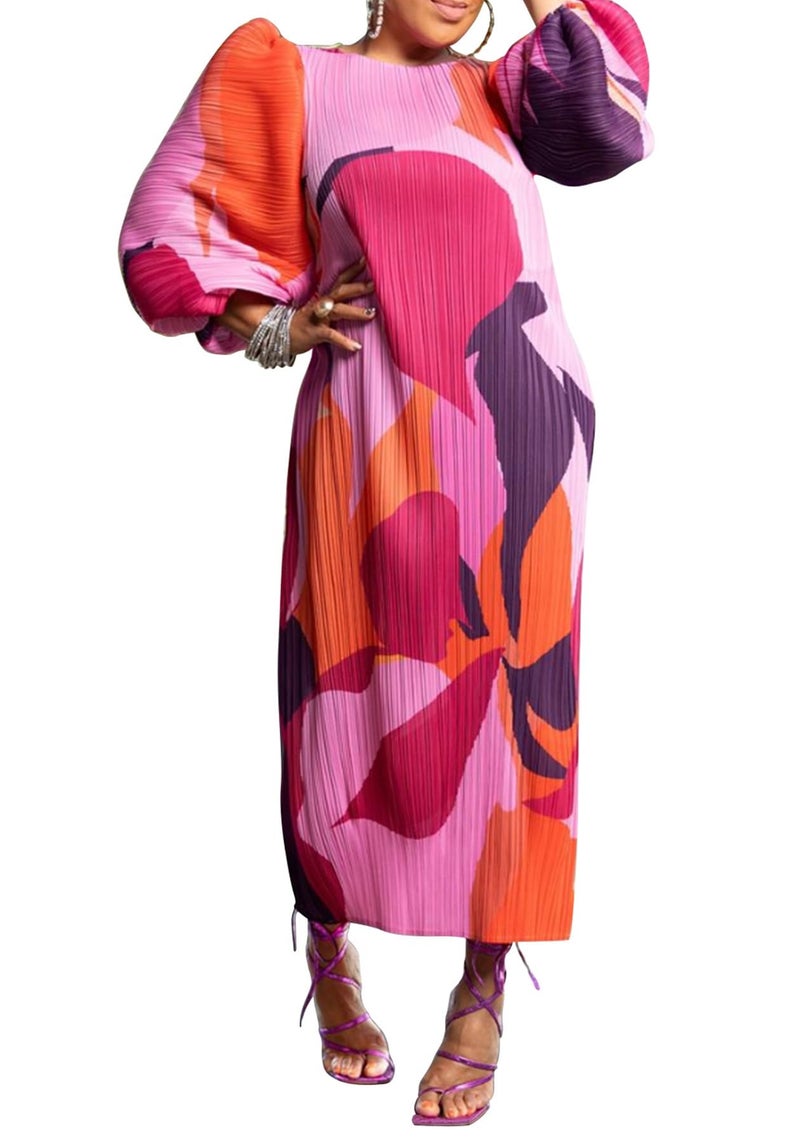 Yootiko Women Colorful African Dress Floral Puff Long Sleeve Wedding Guest Party Pleated Maxi Dress - Image 1