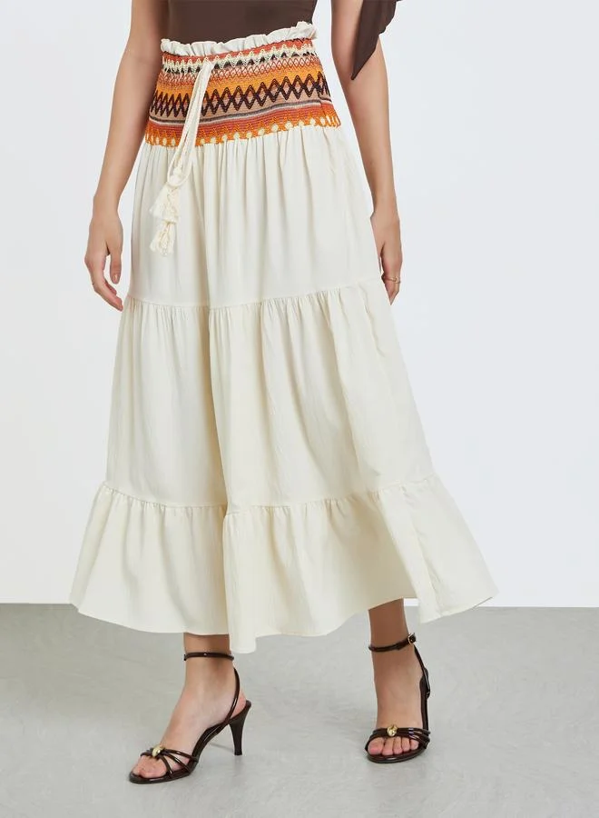 Take Two Off-White A-Line Maxi Skirt with Ethnic Waist Detail