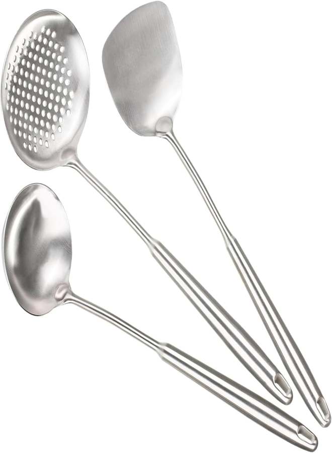 Stainless Steel Cookware Set (Includes Spatula, Soup Spoon, and Strainer) Silver 3PCS - Image 1