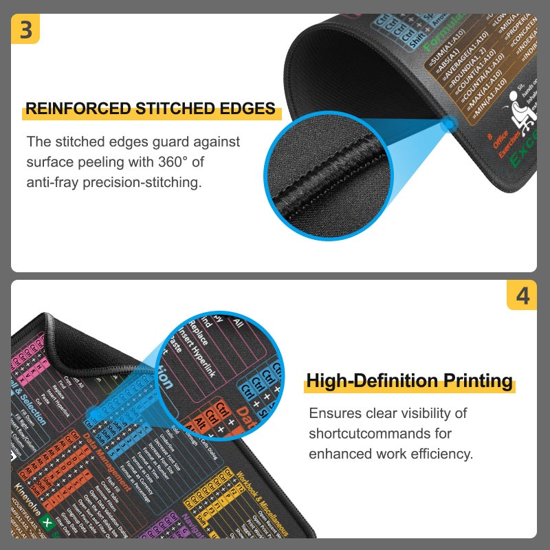 Kinevolve Mouse Pad for Excel Shortcuts â€“ Small Excel Spreadsheet Cheat Sheet Desk Pad â€“ 11.8"x9.8" Portable Computer Mousepad â€“ Gaming, Office, Waterproof, Non-Slip, Stitched Edges - Image 3