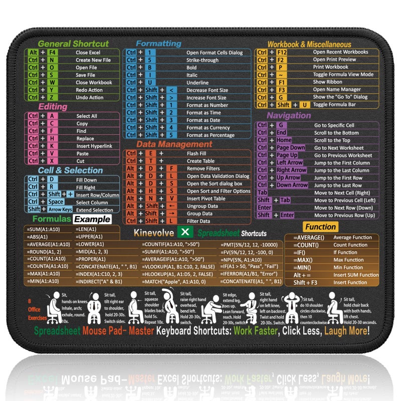 Kinevolve Mouse Pad for Excel Shortcuts â€“ Small Excel Spreadsheet Cheat Sheet Desk Pad â€“ 11.8"x9.8" Portable Computer Mousepad â€“ Gaming, Office, Waterproof, Non-Slip, Stitched Edges - Image 1