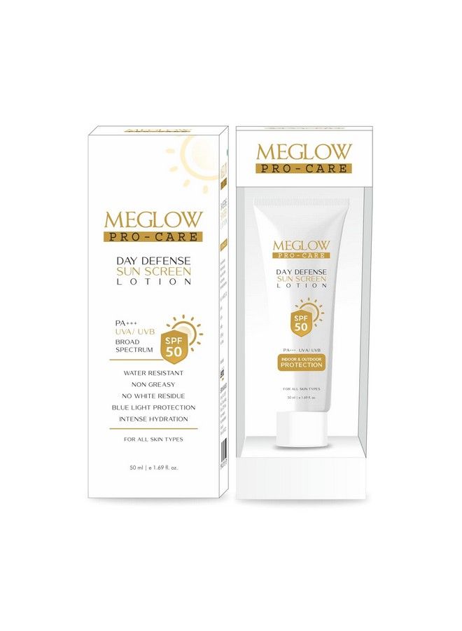 MEGLOW Procare Day Defense Sunscreen Lotion With Spf 50 Pa+++;Uva/Uvb;Water Resistant;Broad Spectrum;Blue Light Indoor & Outdoor Protection;Intense Hydration For All Skin Types(50Ml Unisex) - Image 1