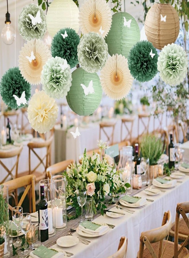 FETETIJD Sage Olive Green Party Decorations Boho Bridal Shower Decorations Olive Sage Green Paper Lanterns Beige Fans Poms with White 3D Butterfly for Baby Shower Birthday Wedding Engagement Bachelorette Party - Image 4