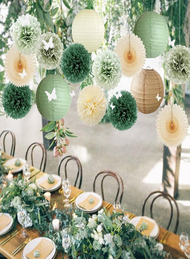 FETETIJD Sage Olive Green Party Decorations Boho Bridal Shower Decorations Olive Sage Green Paper Lanterns Beige Fans Poms with White 3D Butterfly for Baby Shower Birthday Wedding Engagement Bachelorette Party - Image 3