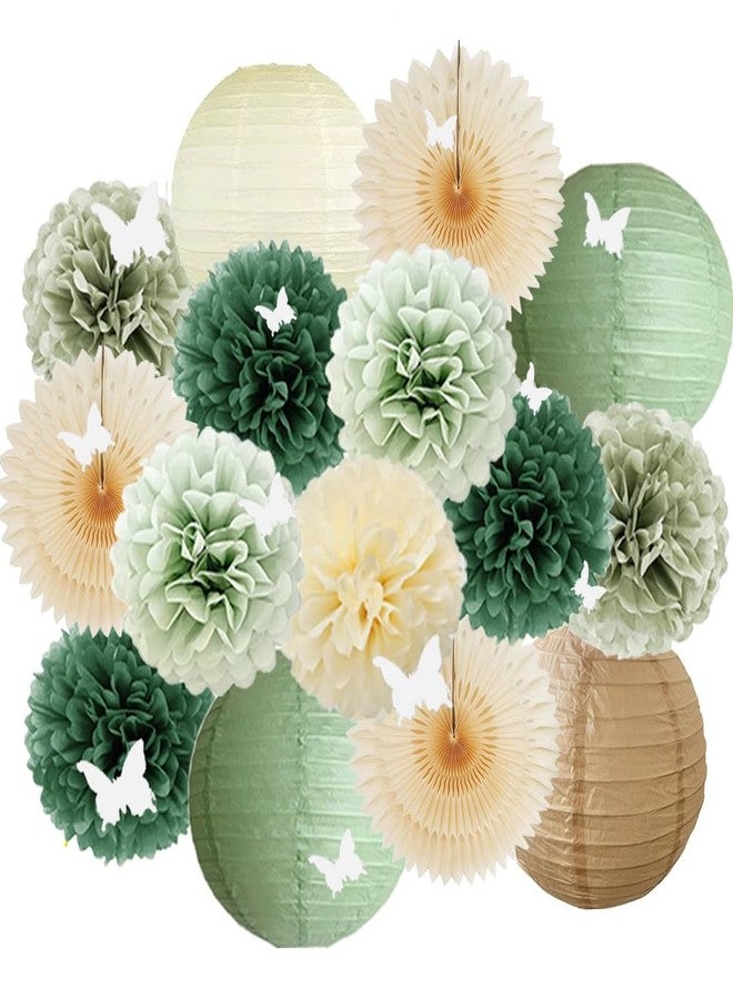 FETETIJD Sage Olive Green Party Decorations Boho Bridal Shower Decorations Olive Sage Green Paper Lanterns Beige Fans Poms with White 3D Butterfly for Baby Shower Birthday Wedding Engagement Bachelorette Party - Image 1