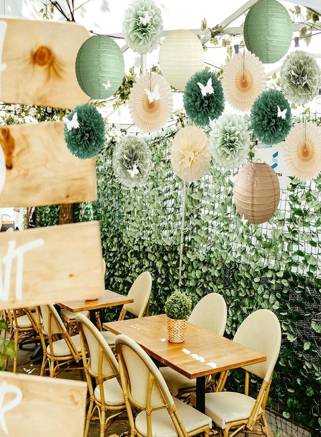 FETETIJD Sage Olive Green Party Decorations Boho Bridal Shower Decorations Olive Sage Green Paper Lanterns Beige Fans Poms with White 3D Butterfly for Baby Shower Birthday Wedding Engagement Bachelorette Party - Image 5