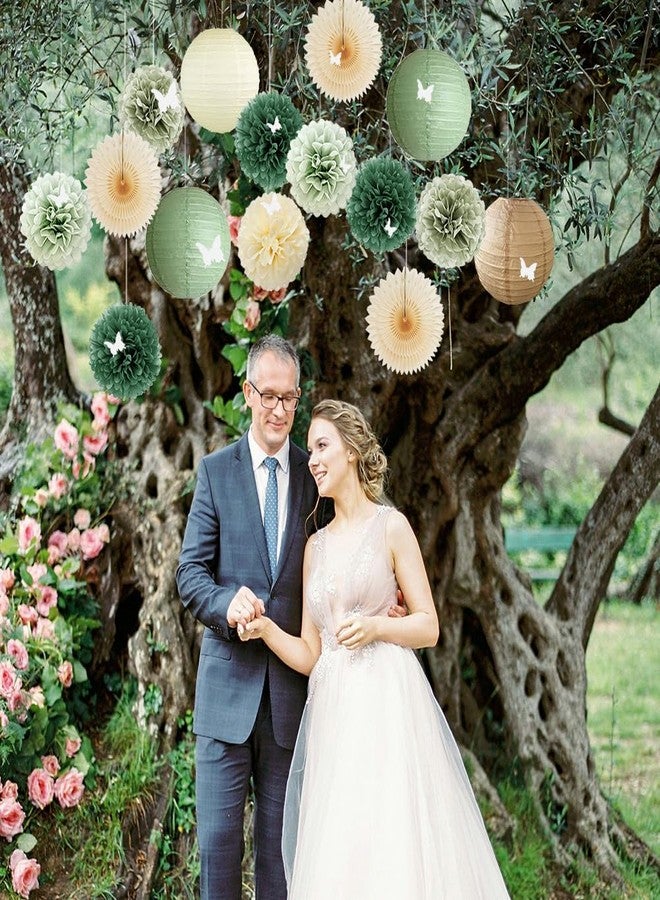 FETETIJD Sage Olive Green Party Decorations Boho Bridal Shower Decorations Olive Sage Green Paper Lanterns Beige Fans Poms with White 3D Butterfly for Baby Shower Birthday Wedding Engagement Bachelorette Party - Image 2