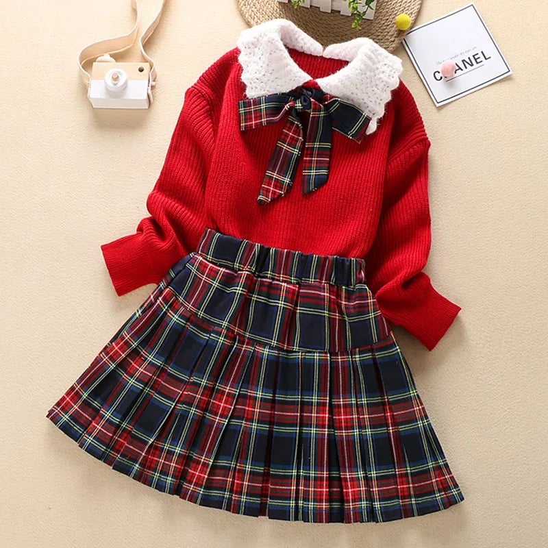 Girls Stylish Doll Collar Knitted Sweater Dress Big Girls Spring Autumn and Winter New Fashion Two-piece Set Red - Image 3