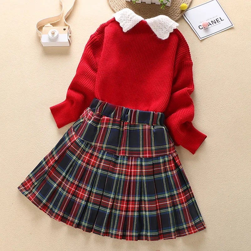 Girls Stylish Doll Collar Knitted Sweater Dress Big Girls Spring Autumn and Winter New Fashion Two-piece Set Red - Image 4