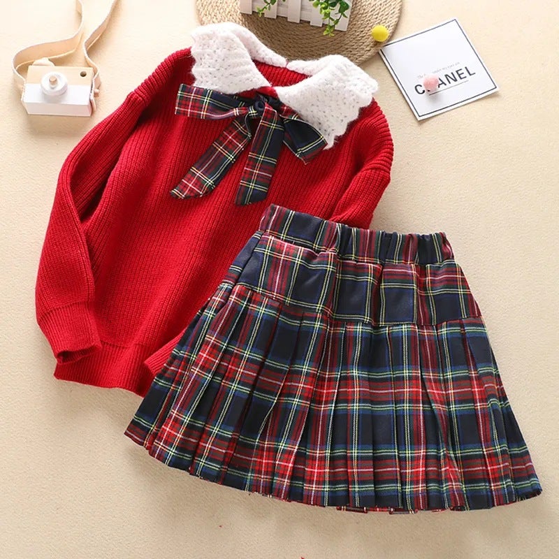 Girls Stylish Doll Collar Knitted Sweater Dress Big Girls Spring Autumn and Winter New Fashion Two-piece Set Red - Image 2