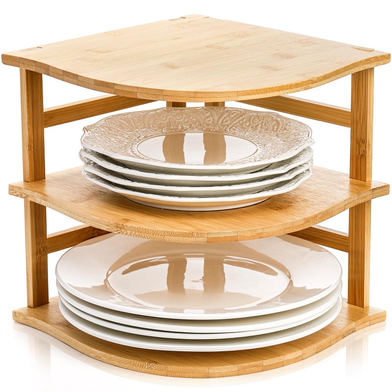 Goaste 3Tier Bamboo Corner Shelf Kitchen Countertop Storage Organizer Cabinet Plate Rack for Pantry Organization Bathroom Desktop 95 x 95 x 95 Inch