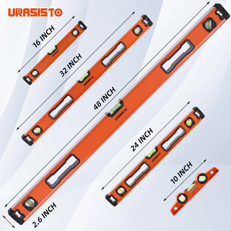 URASISTO 5-Piece Spirit Level Set, 10", 16", 24", 32", 48" Level Set with Magnetic Torpedo Level, 45Â°/90Â°/180Â°Bubbles Measuring, Aluminium Alloy Levels with Carrying Bag - Image 2