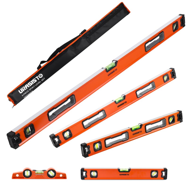 URASISTO 5-Piece Spirit Level Set, 10", 16", 24", 32", 48" Level Set with Magnetic Torpedo Level, 45Â°/90Â°/180Â°Bubbles Measuring, Aluminium Alloy Levels with Carrying Bag - Image 1