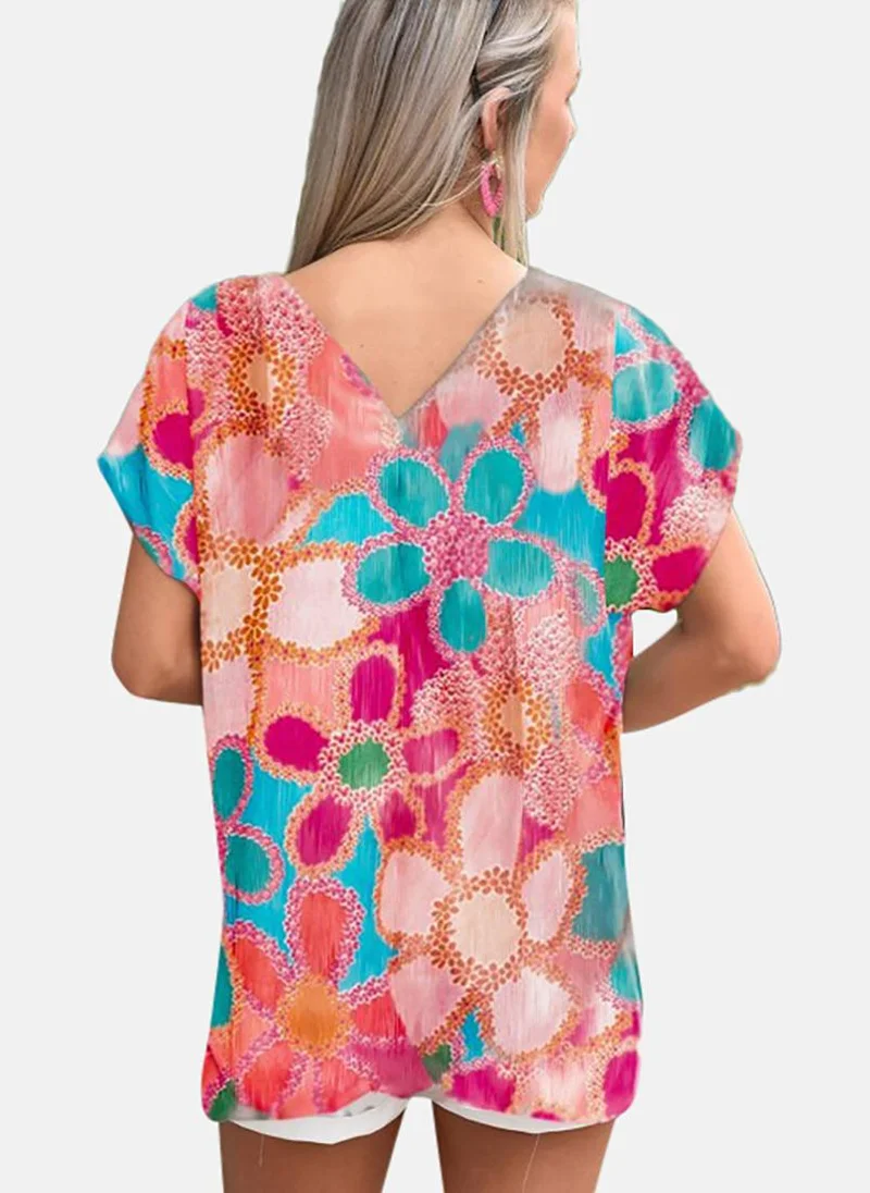 YUNIQEE Pink Floral Short Sleeve V Neck Tunics