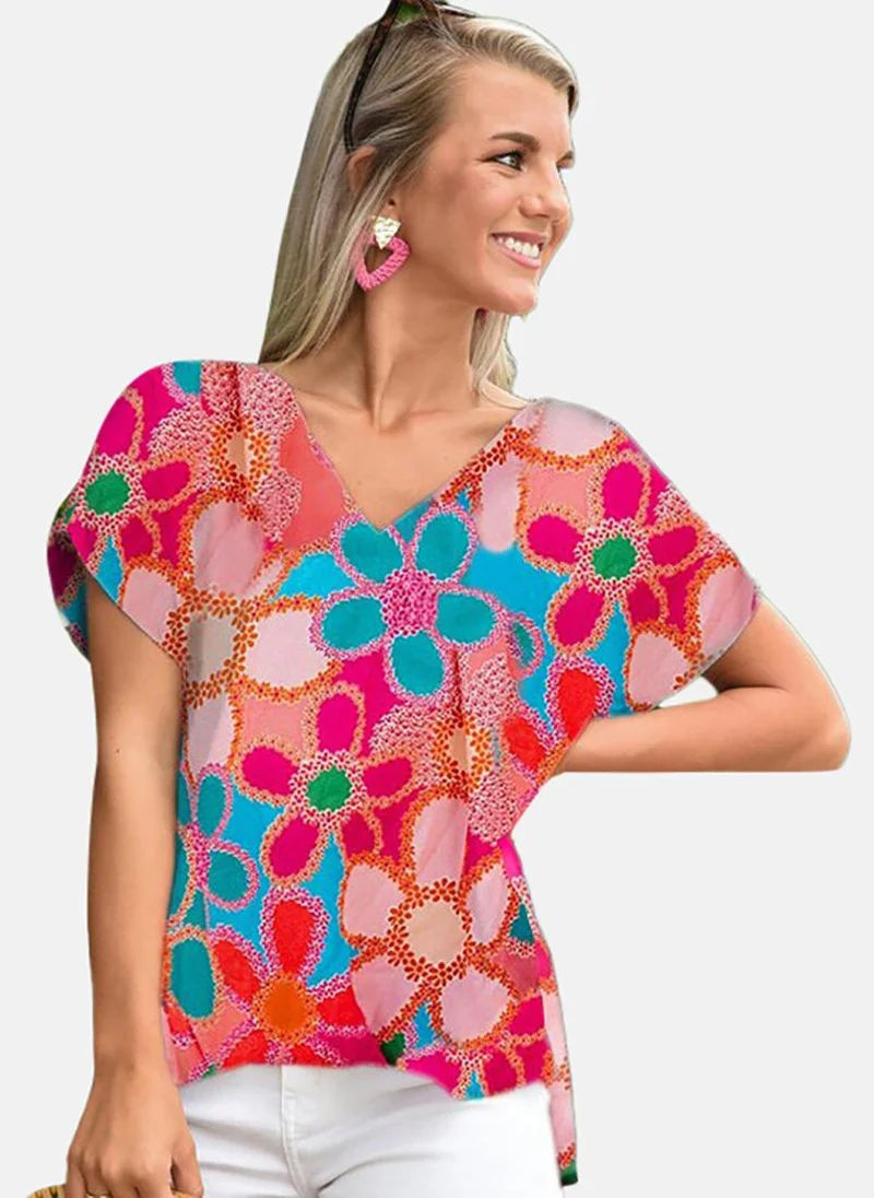 YUNIQEE Pink Floral Short Sleeve V Neck Tunics
