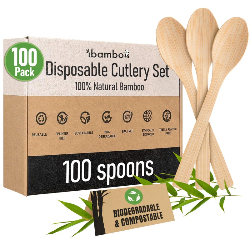 Ibambo 100 Bamboo Spoons Set  Biodegradable Silverware 100 Small Bamboo Spoons  Reusable or Disposable Party Cutlery  Compostable FSC Certified Flatware for Weddings Camping Parties