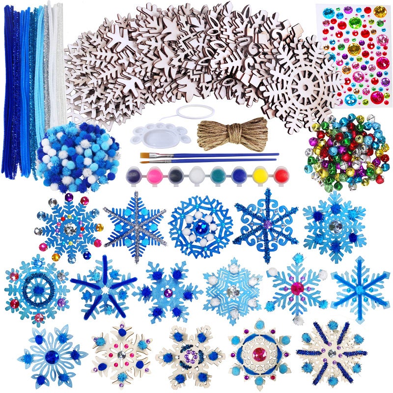 32 Set Christmas Hanging Natural Unfinished Wood Snowflake Cutouts Ornaments ReadytoPersonalize Wooden Snowflake Rustic Winter Paintable Ornaments for Kids Holiday Xmas Party Crafts