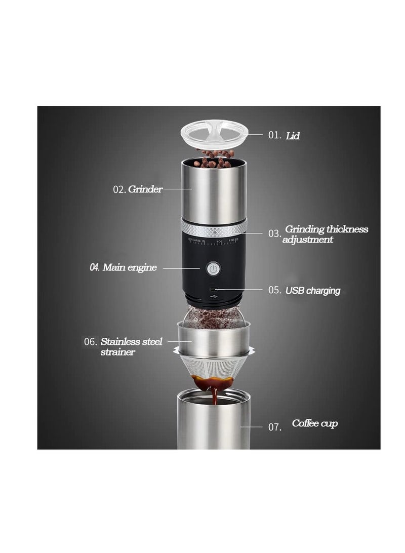 Excefore Portable Electric Conical Burr Coffee Grinder, USB Rechargeable Spice and Bean Grinder, Stainless Steel Coffee Bean Machine with 15 Fine to Coarse Grind Settings (Black) - Image 2