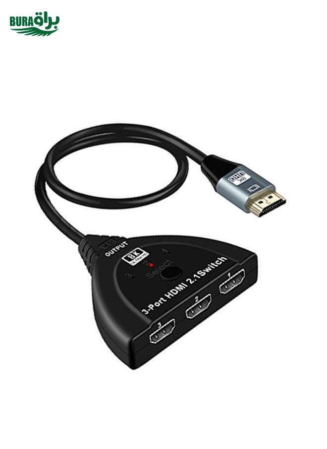 BURAQ 3 Port HDMI 8K Switcher Selector Box with Pigtail Cable (Black)  - Image 2