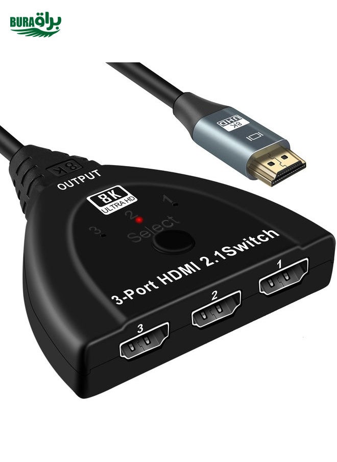 BURAQ 3 Port HDMI 8K Switcher Selector Box with Pigtail Cable (Black)  - Image 1