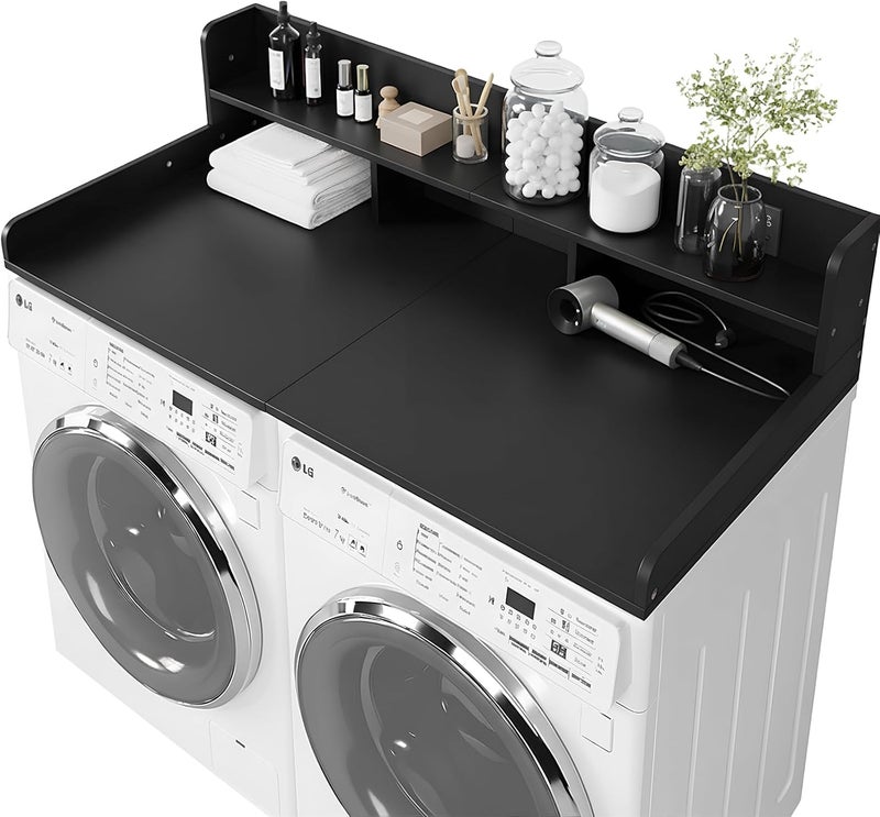 HMAZAE Washer Dryer Countertop with Shelf, 2-Tier Laundry Countertop Over Washer and Dryer, 54" x 27.55" Wooden Table for Folding Clothes for Laundry Room Organization and Storage (Black) - Image 1