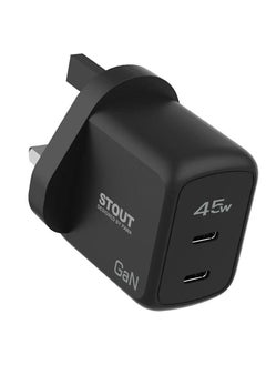 Pawa Stout Gan Travel Charger 45W UK Standard with Type-C to Type-C / Fire Protection / Low Temperature Protection / Short Circuit Protection / Discharge Protection / Surge Protection / Unique Design / Fast Charging - Black 
