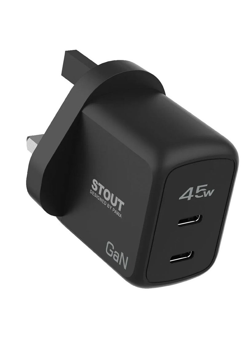 Pawa - Stout Gan Travel Charger 45W UK Standard with Type-C to Type-C / Fire Protection / Low Temperature Protection / Short Circuit Protection / Discharge Protection / Surge Protection / Unique Design / Fast Charging - Black - Image 1