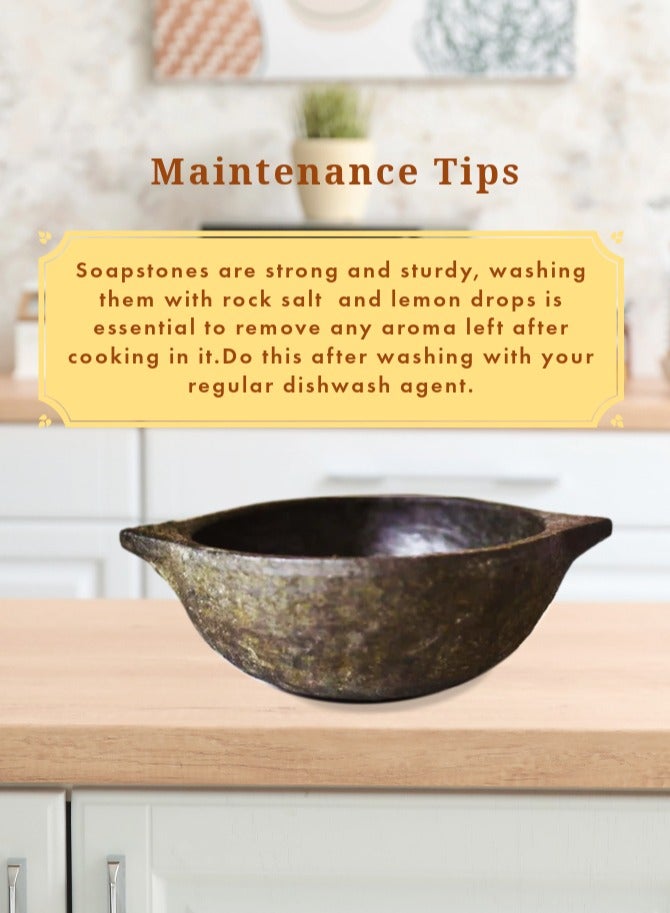 Ayda Pre Seasoned Handmade Natural Cookware Soapstone Kadai Gas and Electric Coil Stove Compatible Shallow Cooking Pot 1200ml - Image 2