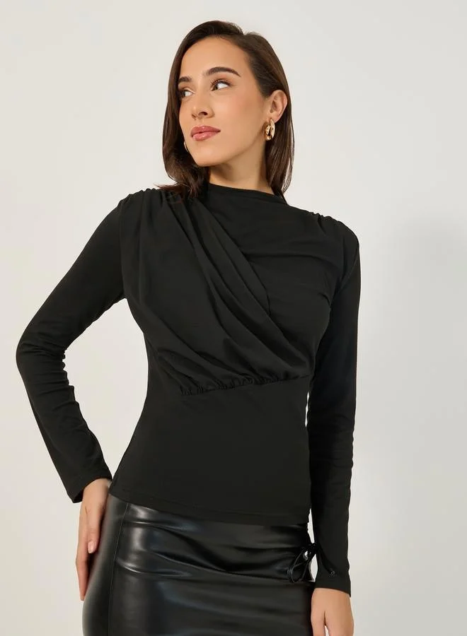 Styli Solid Boat Neck Pleated Knit Top