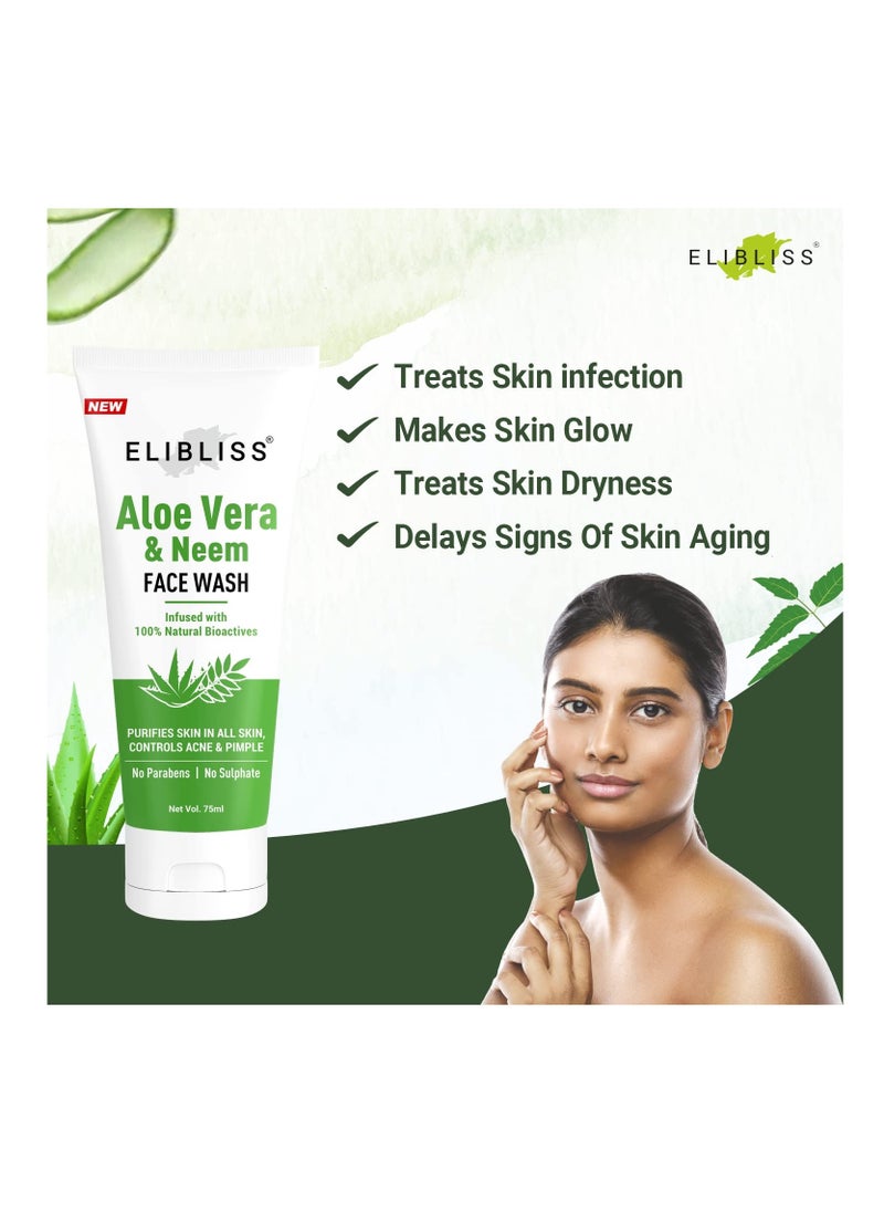 ELIBLISS - ELIBLISS Aloe Vera Neem Refreshing Gel Face Wash for Glowing Skin Daily Gentle Exfoliating Facial Cleanser 75ML - Image 1