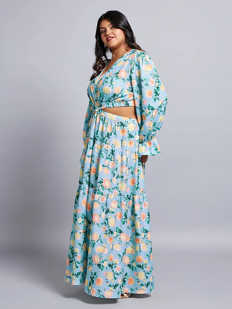 globus Globus Gloplus Women Floral V-Neck Bishop Sleeves Cut-Out Tiered Fit & Flare Plus Size Dress