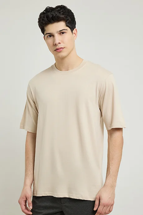 أر أند بي Solid T-Shirt with Crew Neck and Short Sleeves