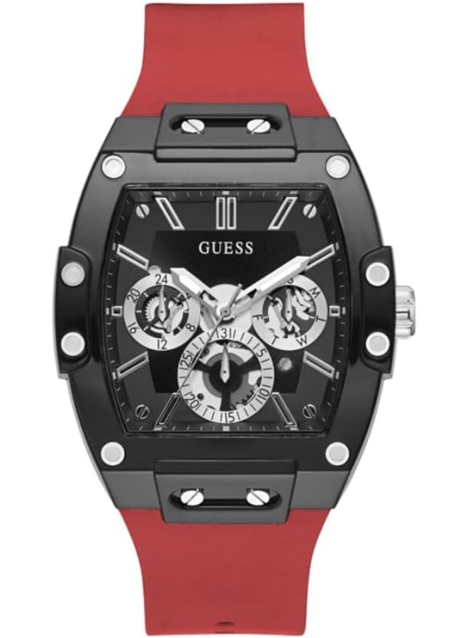 GUESS Mens Casual Multifunction 43mm Watch â€“ Black Polycarbonate Case with Black Skeleton Dial & Red Silicone Strap - Image 1