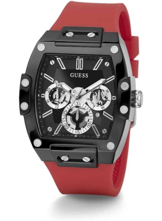 GUESS Mens Casual Multifunction 43mm Watch â€“ Black Polycarbonate Case with Black Skeleton Dial & Red Silicone Strap - Image 4