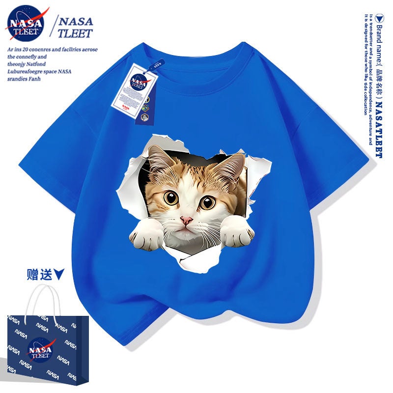 Nasa Short-Sleeved New Cartoon Cartoon Loose Casual Short-Sleeved Summer Men'S And Women'S Children'S Western Style Cat T-Shirt Trendy - Image 5