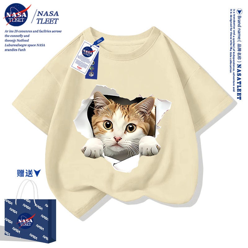 Nasa Short-Sleeved New Cartoon Cartoon Loose Casual Short-Sleeved Summer Men'S And Women'S Children'S Western Style Cat T-Shirt Trendy - Image 3