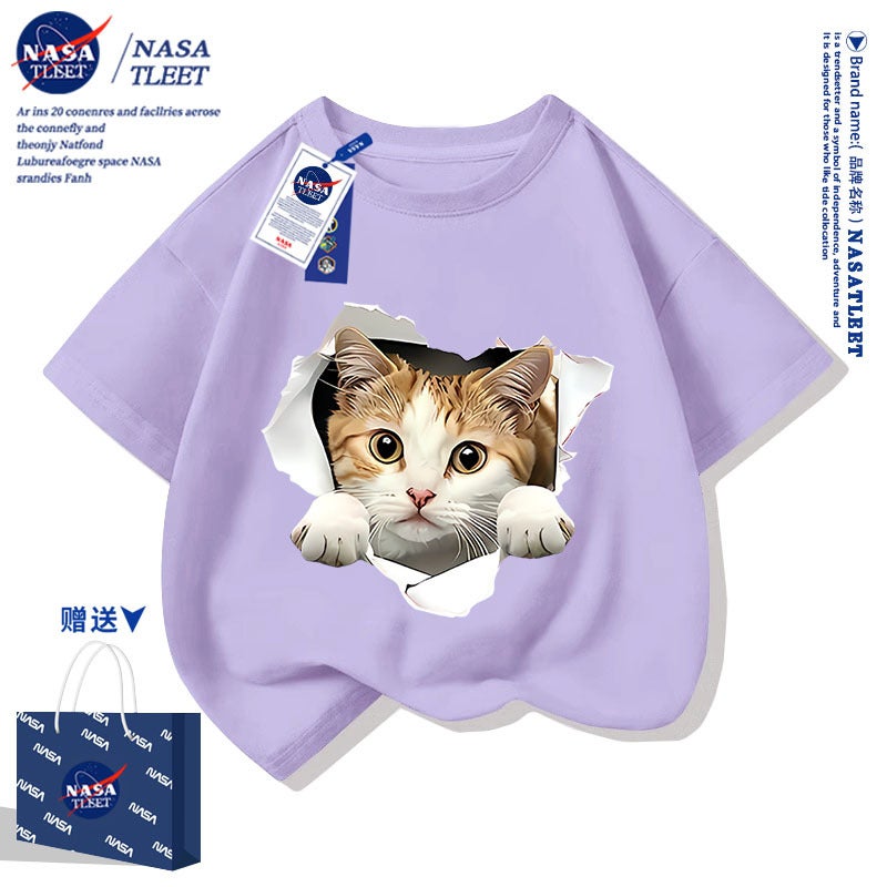 Nasa Short-Sleeved New Cartoon Cartoon Loose Casual Short-Sleeved Summer Men'S And Women'S Children'S Western Style Cat T-Shirt Trendy - Image 2